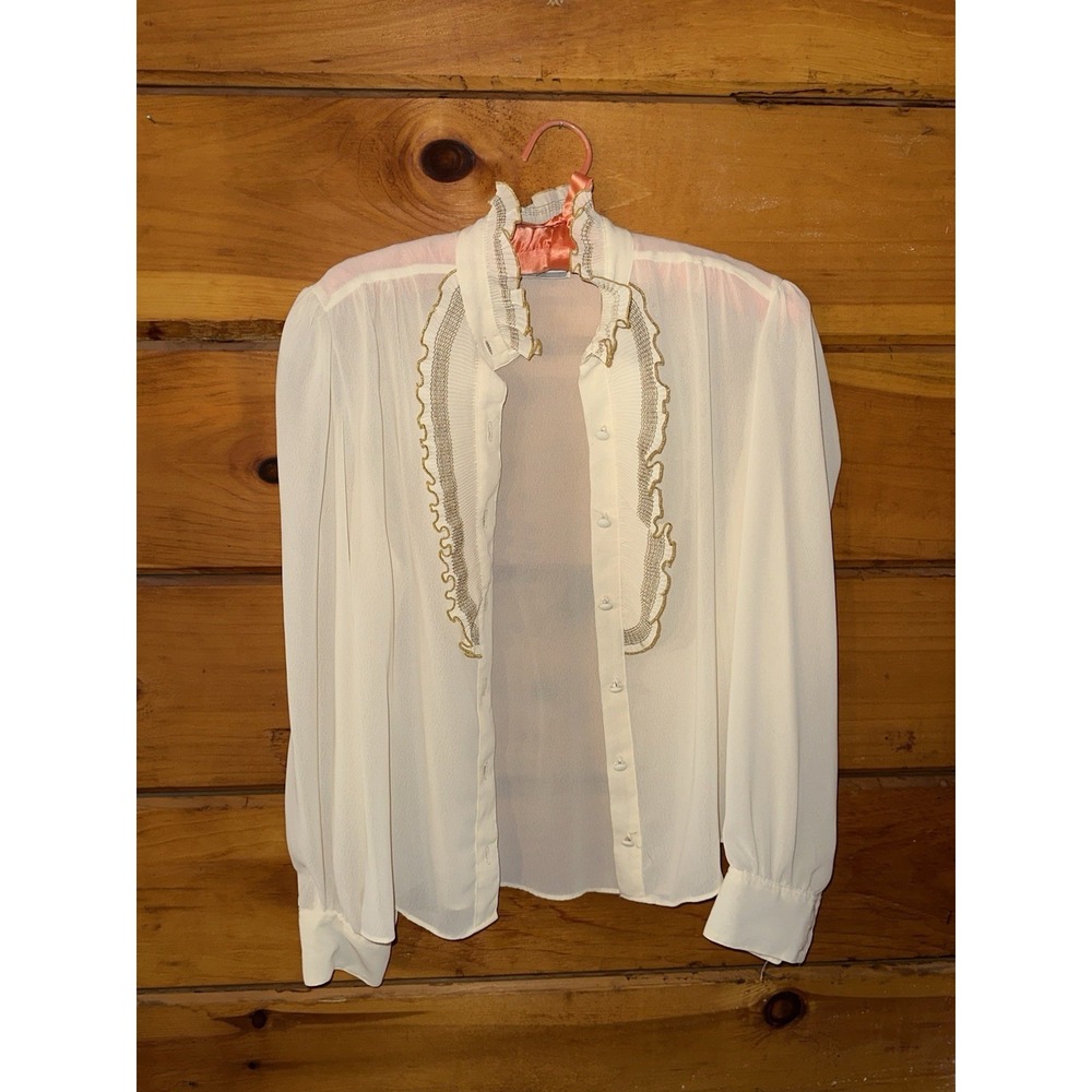 Vintage 80's Notations Women's 10 Ivory Sheer Ruffle Blouse